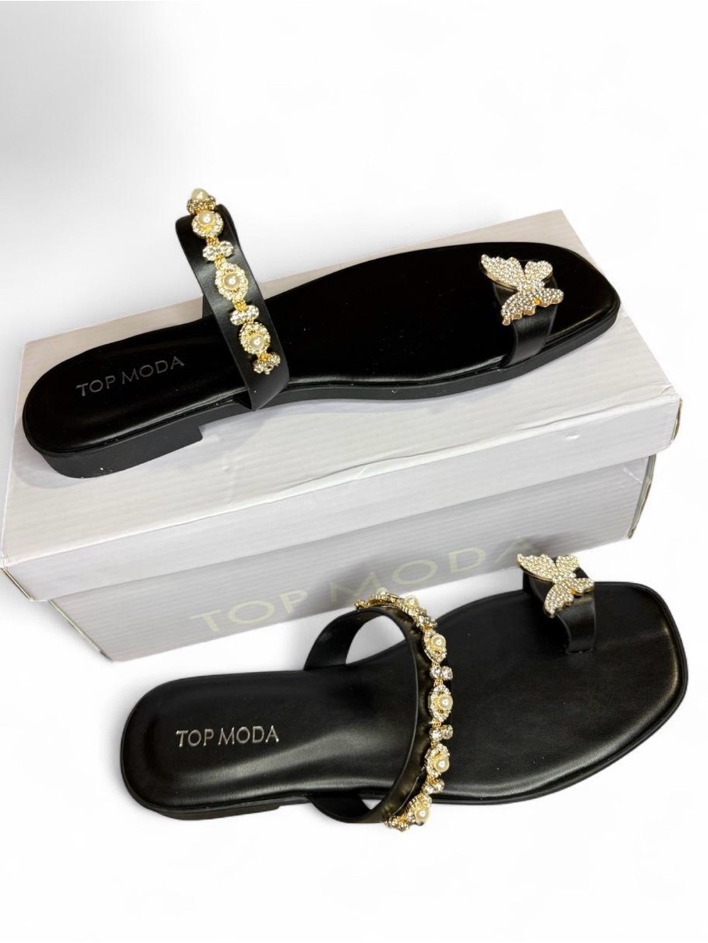 TOP Moda Black Sandals with Gold Crystal Accents